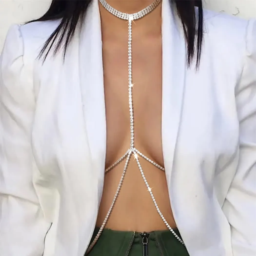 Woeoe Sparkly Rhinestone Bra Chain Silver Chest Chains Sexy Bikini Body Chain Jewelry for Women