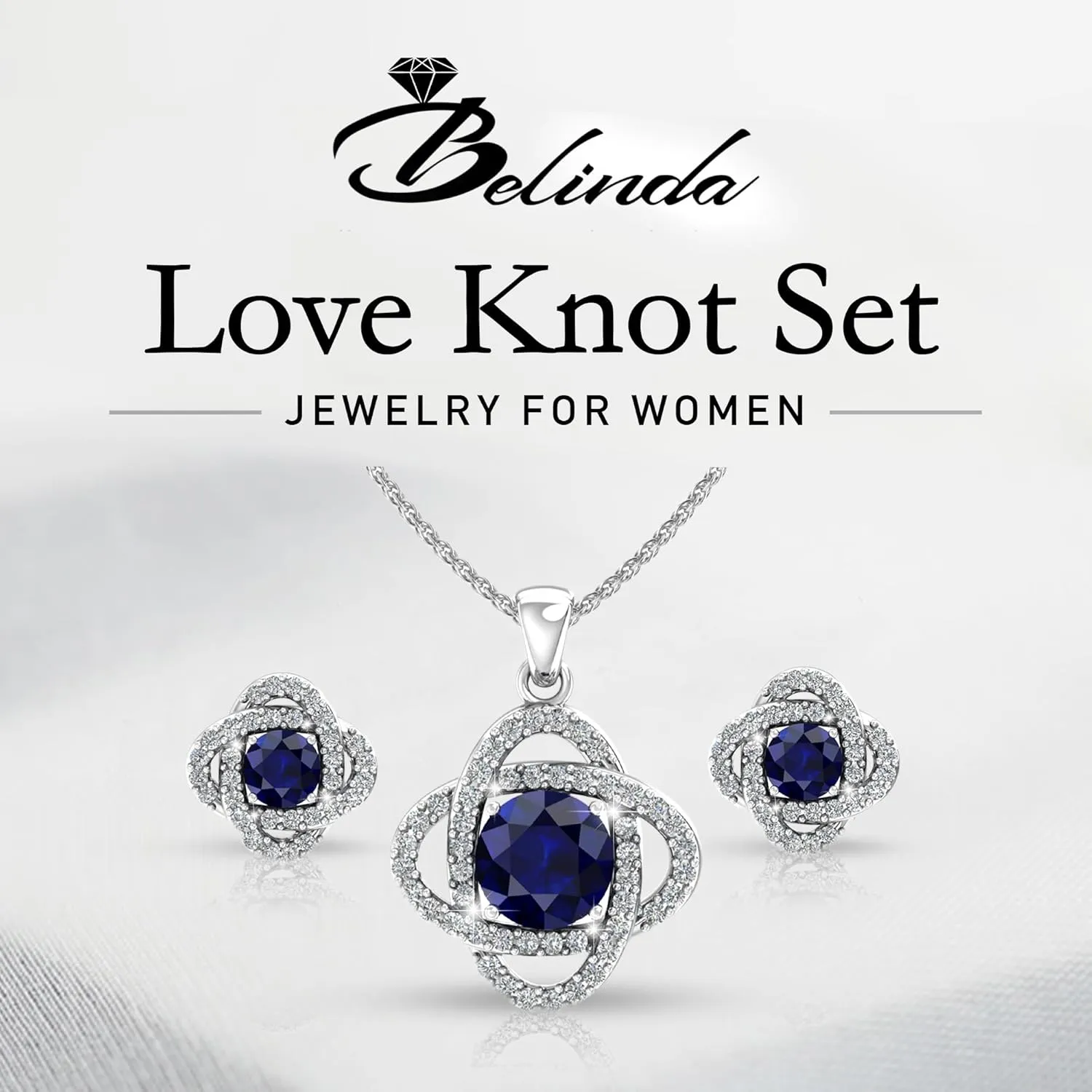 Women 925 Sterling Silver Cute Love Knot Sparkling Gemstone Push Back Stud Earrings Hanging Pendant Necklace Beautiful Fine Jewelry Accessory Set, 1.65 Carat