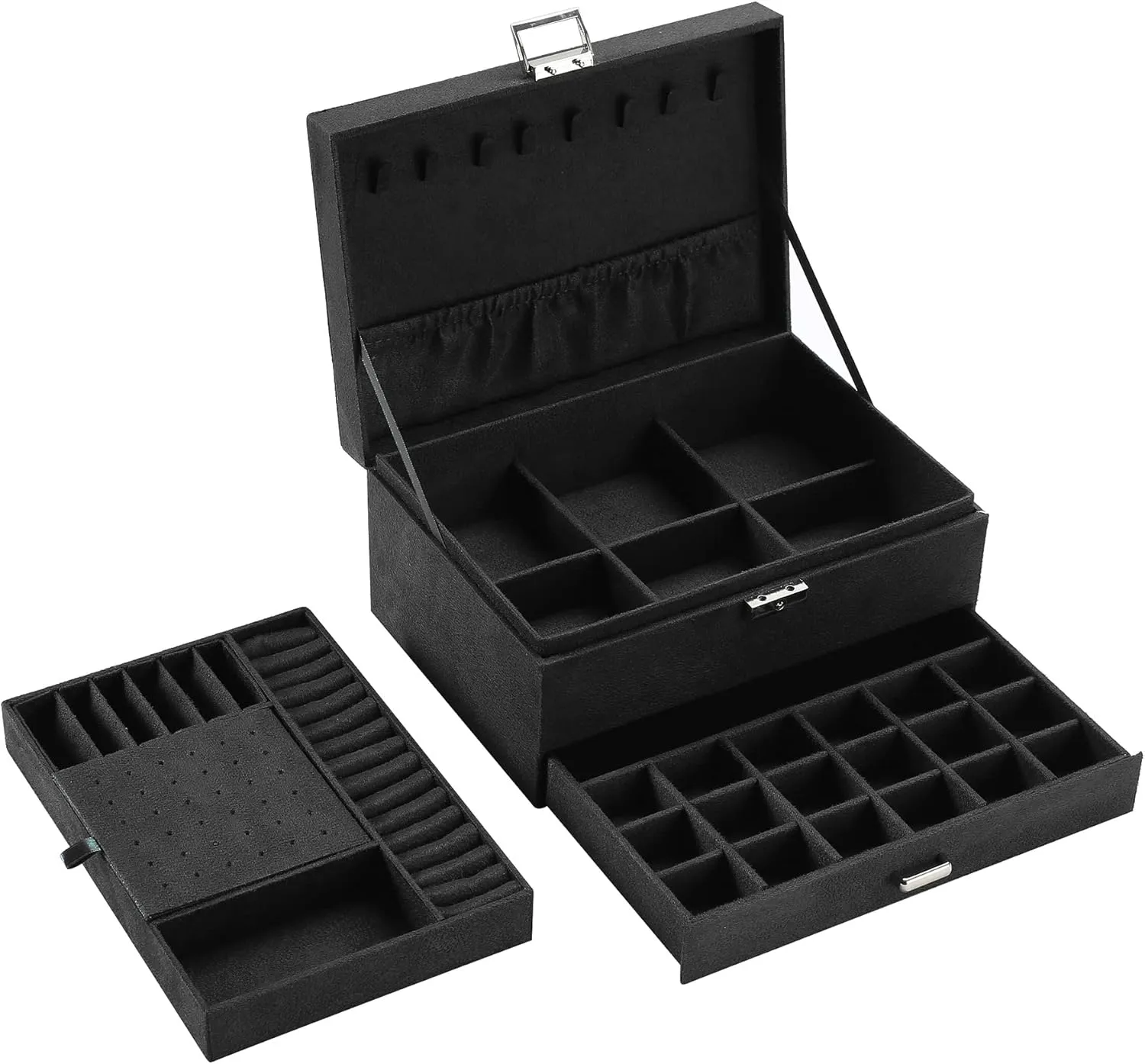Women Jewelry Organizer Box, 3-Layer Velvet Jewelry Boxes Display Storage Case with Lock for Rings Necklace Earrings (Black), ZUZ002B