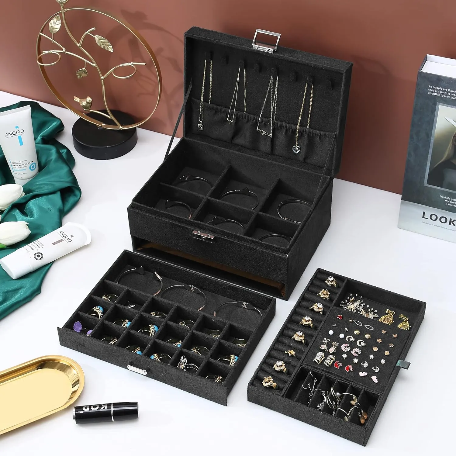Women Jewelry Organizer Box, 3-Layer Velvet Jewelry Boxes Display Storage Case with Lock for Rings Necklace Earrings (Black), ZUZ002B