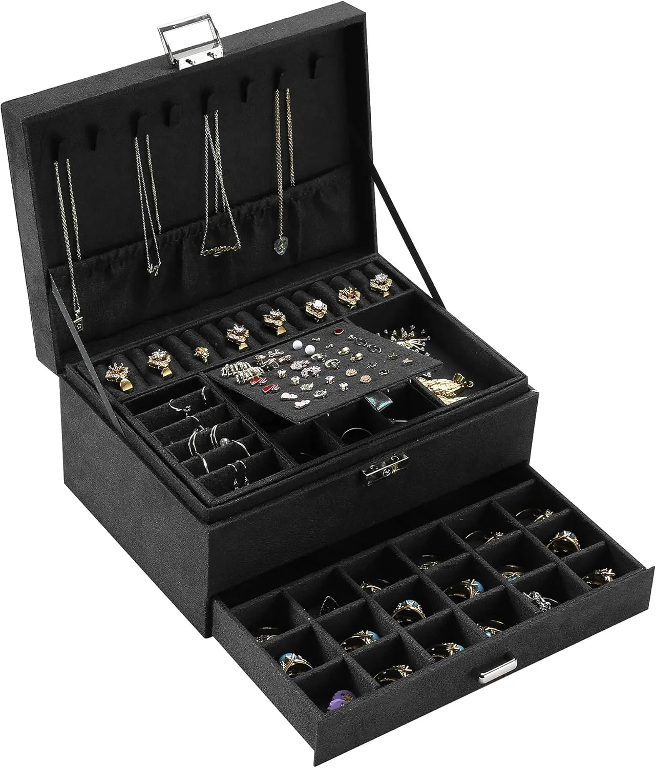 Women Jewelry Organizer Box, 3-Layer Velvet Jewelry Boxes Display Storage Case with Lock for Rings Necklace Earrings (Black), ZUZ002B