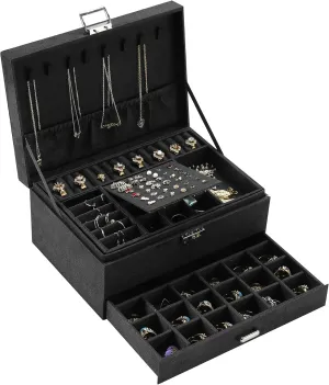 Women Jewelry Organizer Box, 3-Layer Velvet Jewelry Boxes Display Storage Case with Lock for Rings Necklace Earrings (Black), ZUZ002B