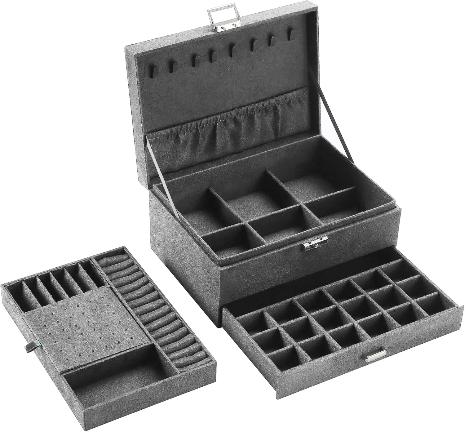 Women Jewelry Organizer Box, 3-Layer Velvet Jewelry Boxes Display Storage Case with Lock for Rings Necklace Earrings (Grey), ZUZ002D