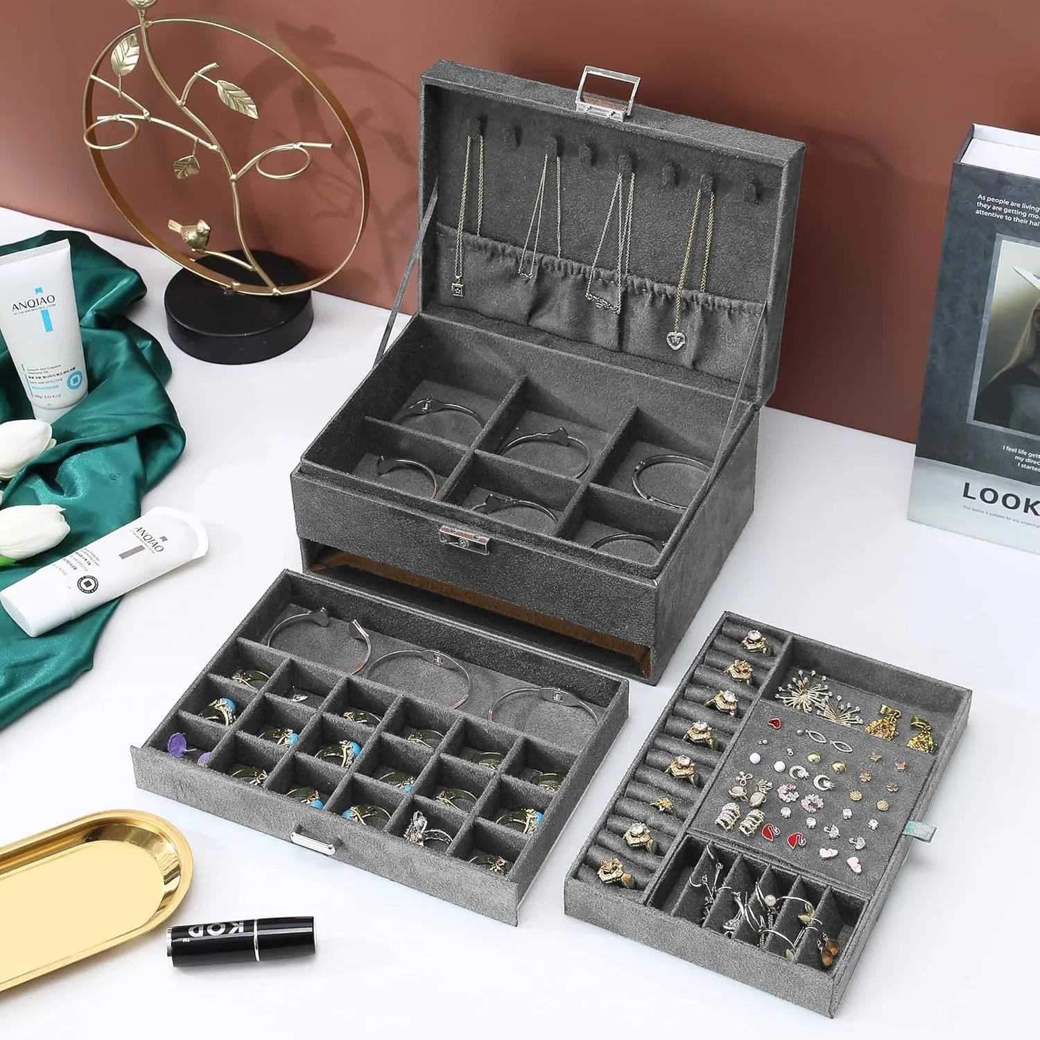 Women Jewelry Organizer Box, 3-Layer Velvet Jewelry Boxes Display Storage Case with Lock for Rings Necklace Earrings (Grey), ZUZ002D