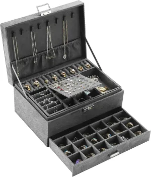 Women Jewelry Organizer Box, 3-Layer Velvet Jewelry Boxes Display Storage Case with Lock for Rings Necklace Earrings (Grey), ZUZ002D