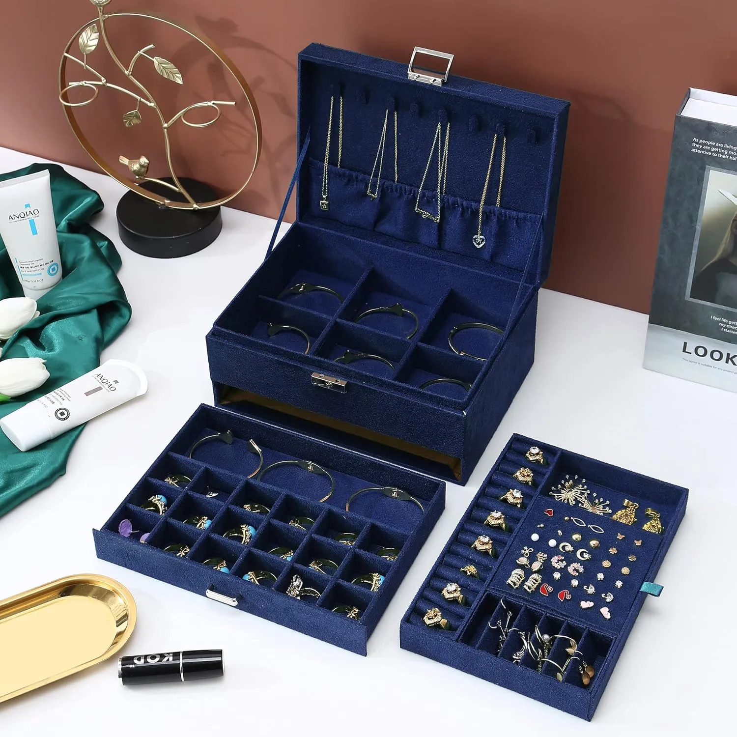 Women Jewelry Organizer Box, 3-Layer Velvet Jewelry Boxes Display Storage Case with Lock for Rings Necklace Earrings (Navy blue) ZUZ002C