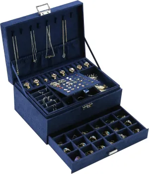 Women Jewelry Organizer Box, 3-Layer Velvet Jewelry Boxes Display Storage Case with Lock for Rings Necklace Earrings (Navy blue) ZUZ002C