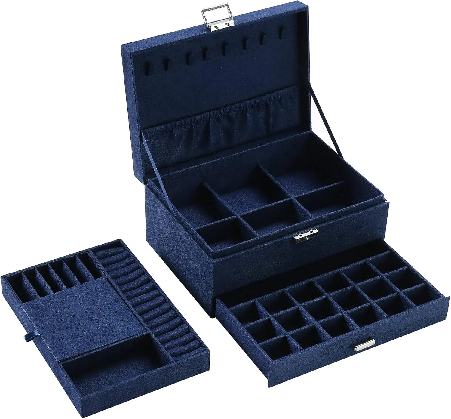 Women Jewelry Organizer Box, 3-Layer Velvet Jewelry Boxes Display Storage Case with Lock for Rings Necklace Earrings (Navy blue) ZUZ002C