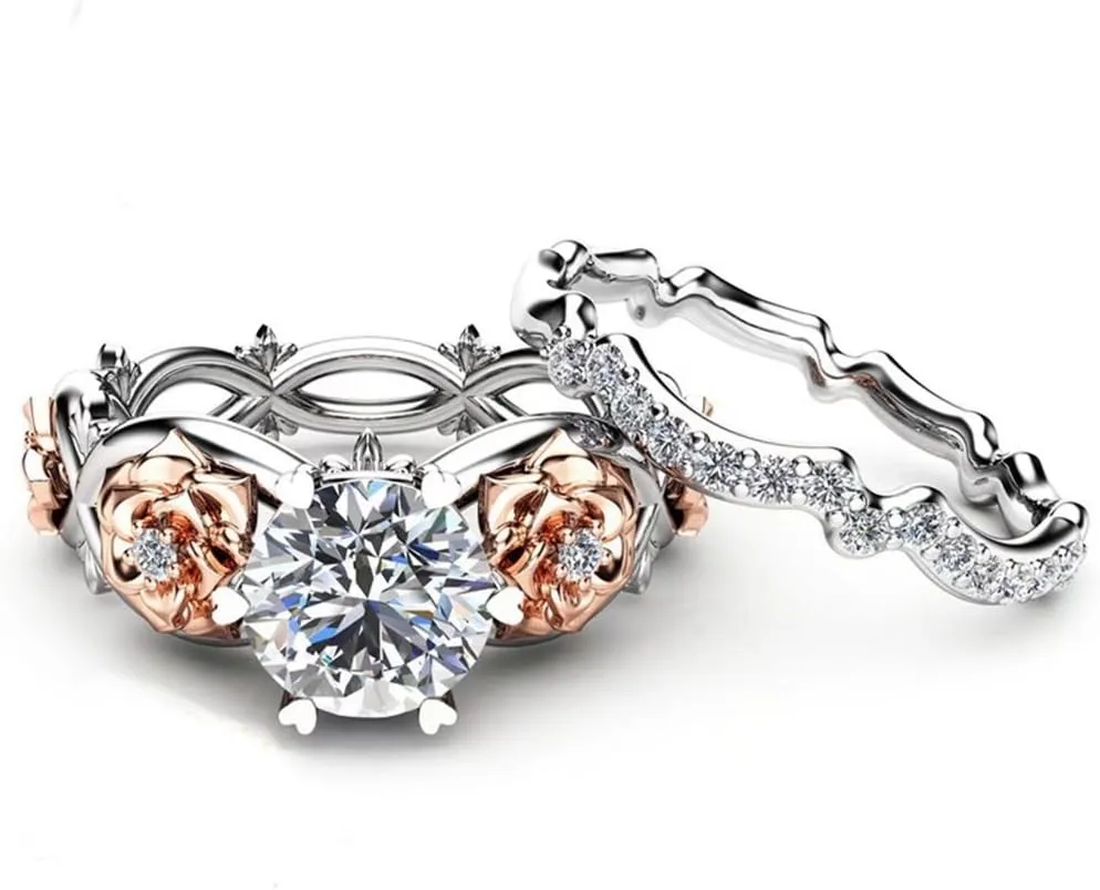 Women's Gorgeous 2 PCS CZ Vintage Engagement Wedding Ring Set Lotus Flower Rose Gold Plated Two-tone Bridal Eternity Rings