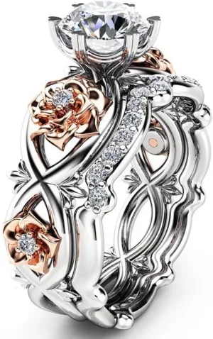 Women's Gorgeous 2 PCS CZ Vintage Engagement Wedding Ring Set Lotus Flower Rose Gold Plated Two-tone Bridal Eternity Rings