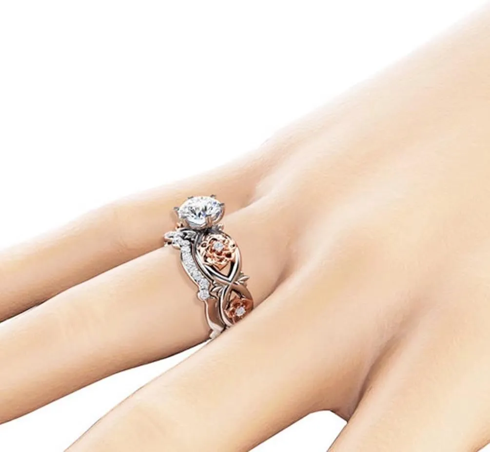 Women's Gorgeous 2 PCS CZ Vintage Engagement Wedding Ring Set Lotus Flower Rose Gold Plated Two-tone Bridal Eternity Rings