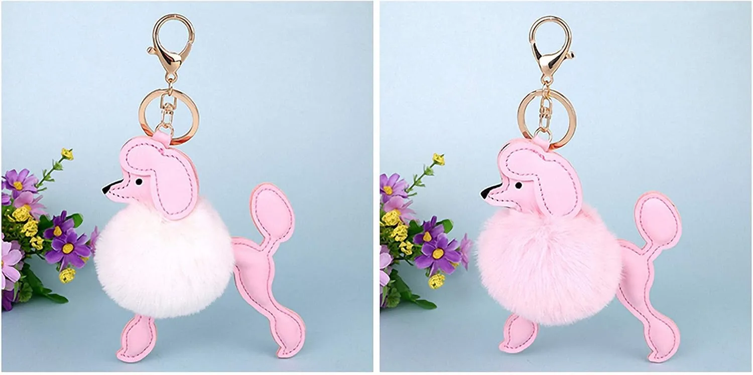 Womens Mens Cute Poodle Dog Keychian Key Rings Faux Rabbit Fur Pompom Ball Key Holder Lovely Car Handbag Accessories Chaveiros Pink
