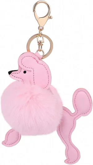 Womens Mens Cute Poodle Dog Keychian Key Rings Faux Rabbit Fur Pompom Ball Key Holder Lovely Car Handbag Accessories Chaveiros Pink