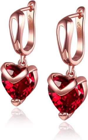 Women's Ruby Crystal Heart Shaped Rose Gold Plated Fashion Jewelry Earrings