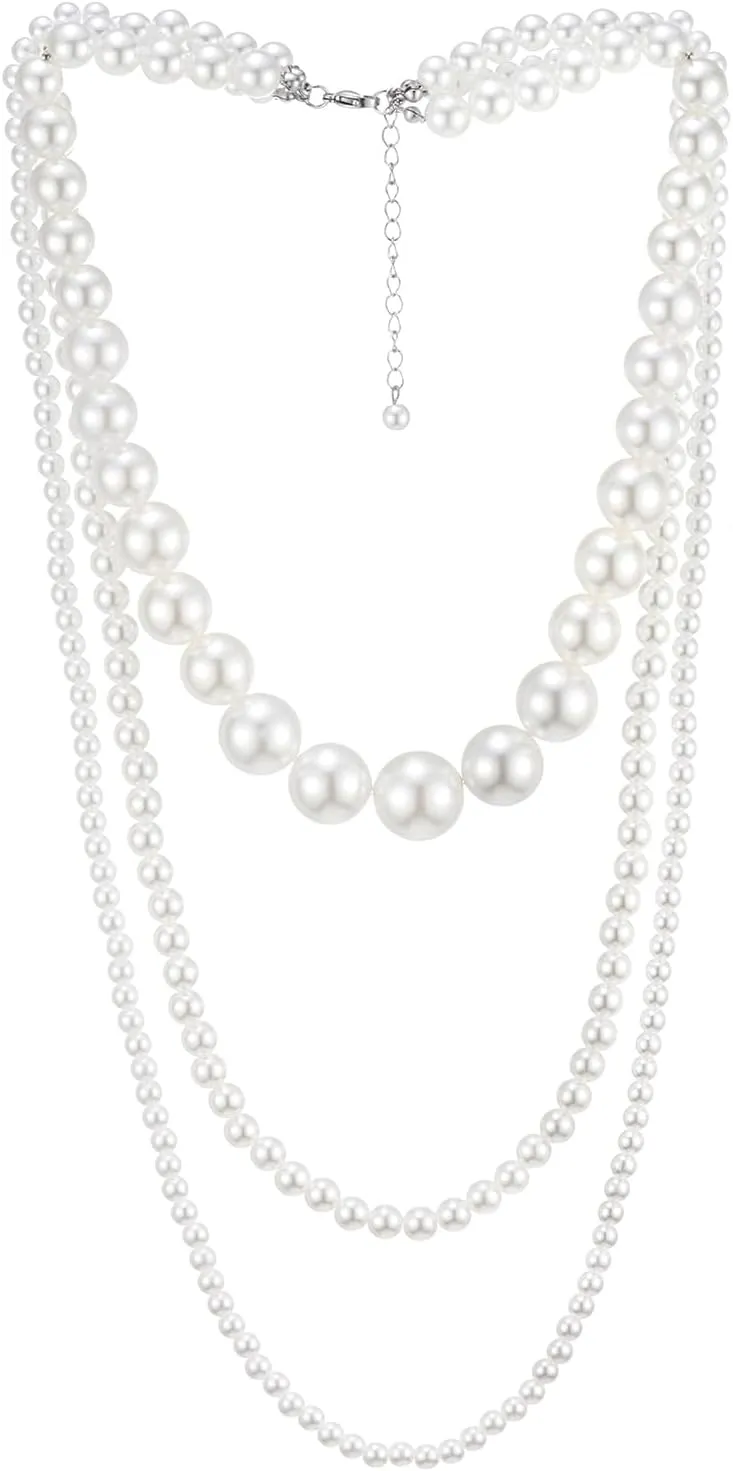 Womens Statement Necklace, Layered Three-strand White Pearls and Beads Chains, Dress Wedding Banquet