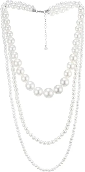 Womens Statement Necklace, Layered Three-strand White Pearls and Beads Chains, Dress Wedding Banquet