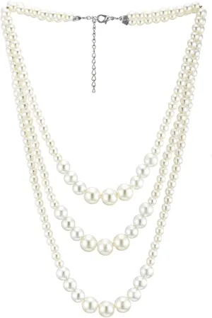 Womens Statement Necklace, Layered Three-strand with White Pearls and Beads Chains, for Dress Wedding Banquet