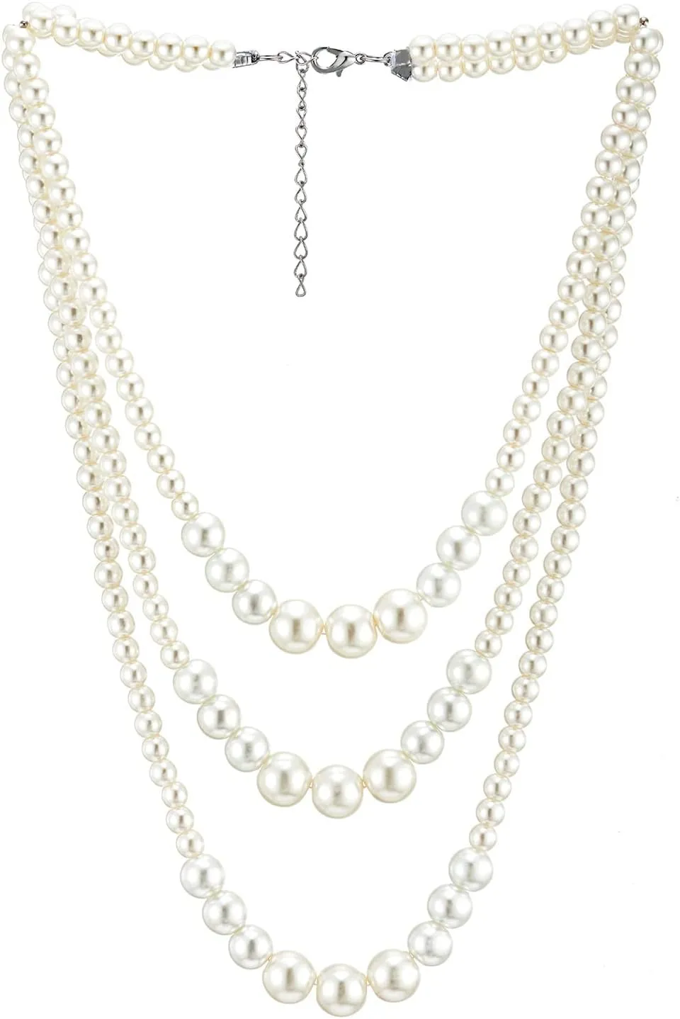 Womens Statement Necklace, Layered Three-strand with White Pearls and Beads Chains, for Dress Wedding Banquet