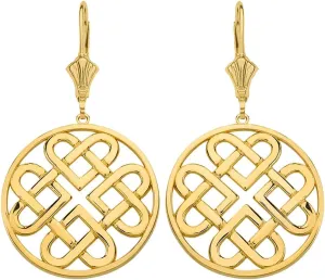 Womens Yellow Gold Woven Celtic Hearts Circle Drop Earrings Large 1.52"