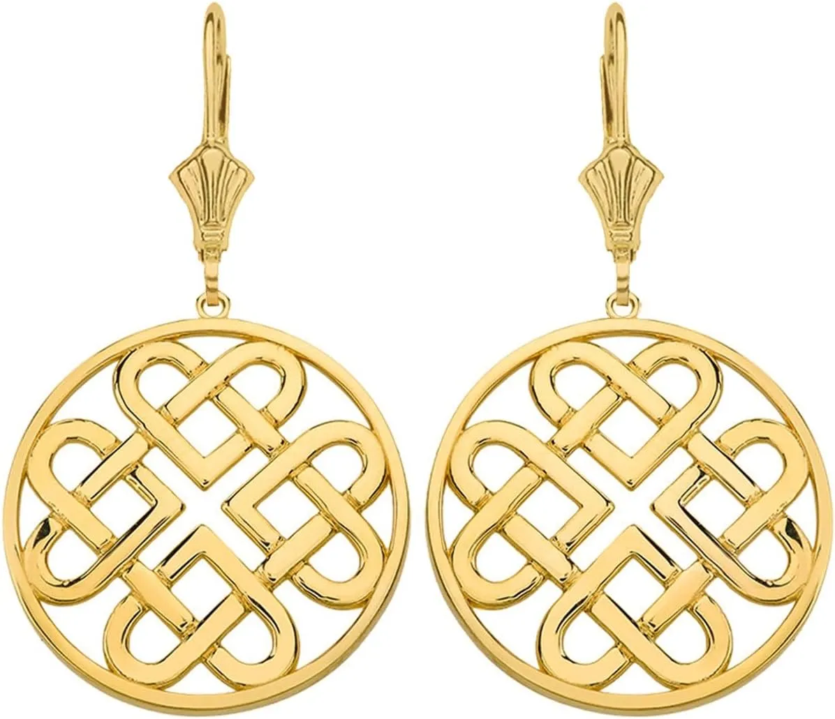 Womens Yellow Gold Woven Celtic Hearts Circle Drop Earrings Large 1.52"