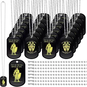 Wonderjune 30 Pack Put on The Whole Armor Dog Tag Necklaces Acrylic Military Knight Pendant Necklace for Men Women Christian Party Favors Bible Gifts 30 Pcs of of God Dog Tags 30 Pcs Beaded Chains