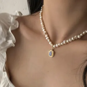 Xerling Irregular Faux Pearl Choker Boho Opal Pendant Baroque Necklaces Imitation Charm Pearl Chains for Women Girls (Style A)