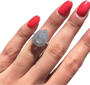 Xunuo Platinum Plated CZ Pear Shaped Cubic Zirconia Crystal Halo Wedding Teardrop Shaped Ring for Women Sizes 6 to 10 (US Size 10)