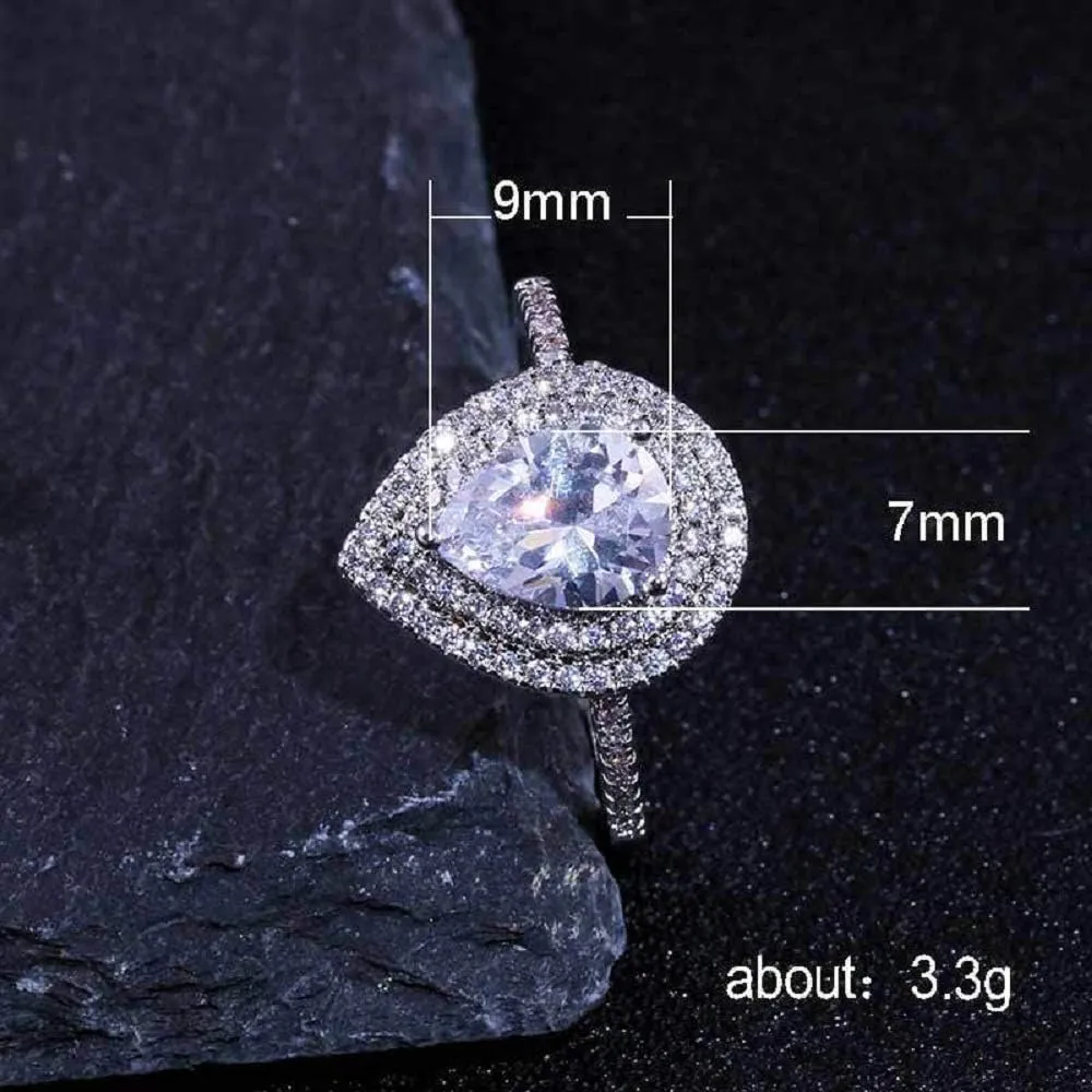 Xunuo Platinum Plated CZ Pear Shaped Cubic Zirconia Crystal Halo Wedding Teardrop Shaped Ring for Women Sizes 6 to 10 (US Size 10)