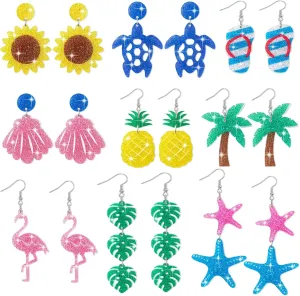 Y1tvei Summer Glitter Acrylic Earrings - 9 Pairs Hawaiian Flamingo Sea Turtle Sunflower Coconut Tree Dangle Set, Aesthetic Animals Plants Drop Jewelry Gifts for Girls Women Daily Beach Tropical Party