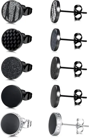 YADOCA Black Round Stud Earrings Set for Men Women 316L Surgical Stainless Steel Matte Black Ear Studs 5 Pairs 4mm-12mm
