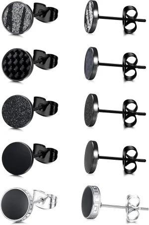 YADOCA Black Round Stud Earrings Set for Men Women 316L Surgical Stainless Steel Matte Black Ear Studs 5 Pairs 4mm-12mm