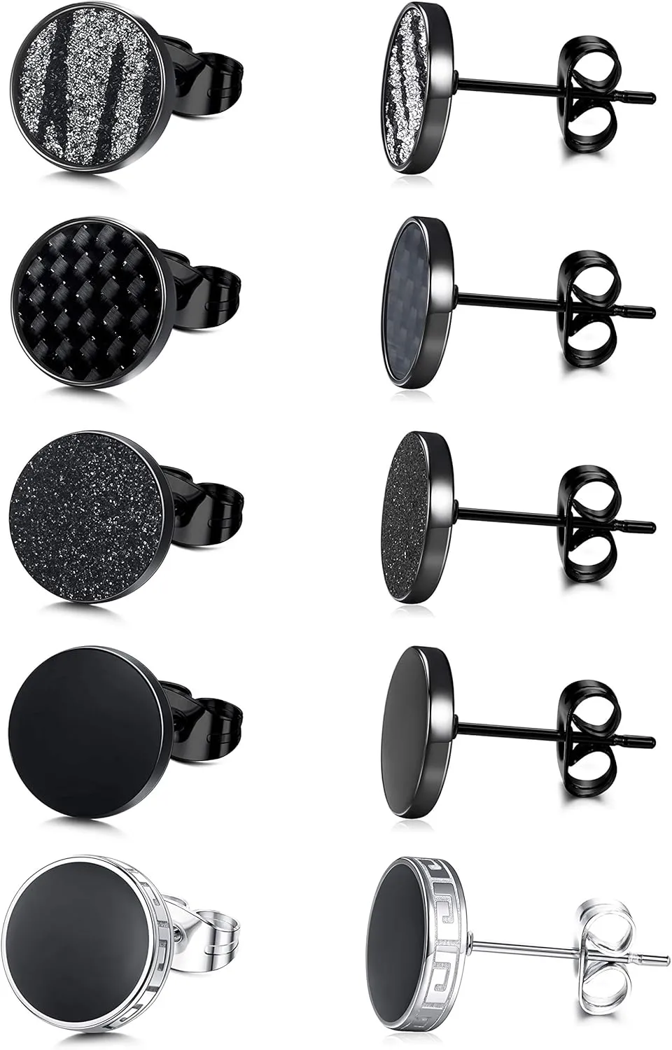YADOCA Black Round Stud Earrings Set for Men Women 316L Surgical Stainless Steel Matte Black Ear Studs 5 Pairs 4mm-12mm