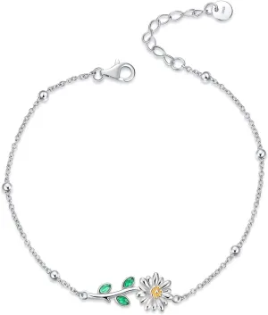 YAFEINI Daisy Bracelet Sterling Silver Daisy Flower Jewelry Daisy Crystal Gifts for Women