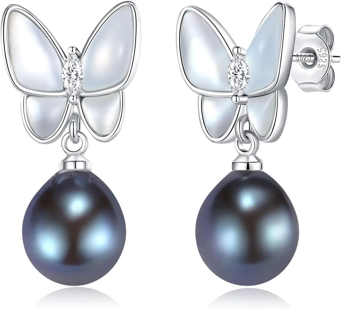 YAMI Butterfly Gold Earrings 925 Sterling Silver Hypoallergenic Women's Butterfly Pearl Earrings Freshwater Cultured Pearls Drop Pearl Dangle Earrings Jewelry Gifts for Women