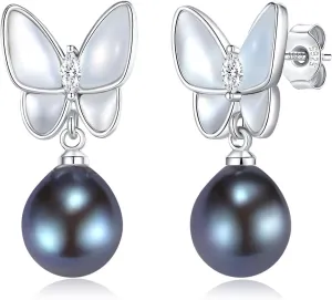 YAMI Butterfly Gold Earrings 925 Sterling Silver Hypoallergenic Women's Butterfly Pearl Earrings Freshwater Cultured Pearls Drop Pearl Dangle Earrings Jewelry Gifts for Women