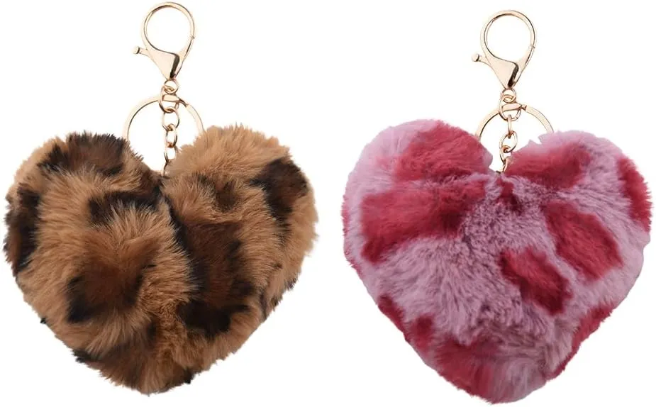 yaozeio Soft Leopard Fluffy Keychain Charm Heart Bag Purse Charm Pink Brown Leopard Print Keyring 2PC Key Chan Women Cute
