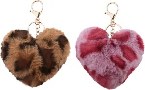 yaozeio Soft Leopard Fluffy Keychain Charm Heart Bag Purse Charm Pink Brown Leopard Print Keyring 2PC Key Chan Women Cute