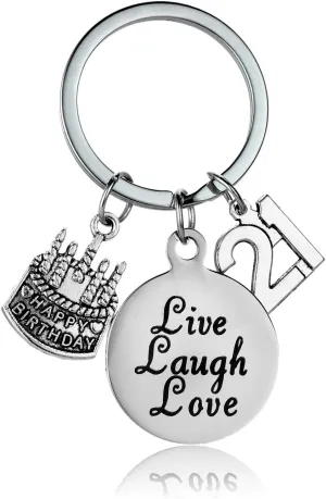YEEQIN Happy Birthday Keychain, Cake Cheer Live Laugh Love Charms Key Chains, Unisex Birthday Gifts (21st Birthday)