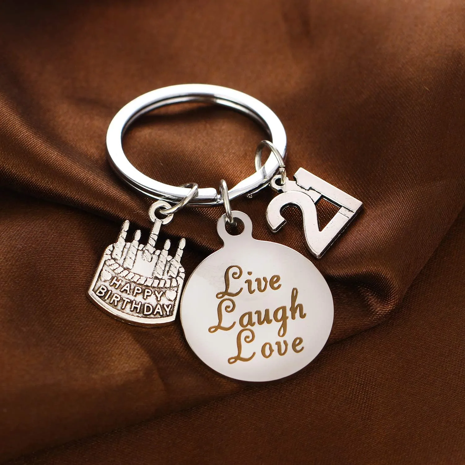 YEEQIN Happy Birthday Keychain, Cake Cheer Live Laugh Love Charms Key Chains, Unisex Birthday Gifts (21st Birthday)