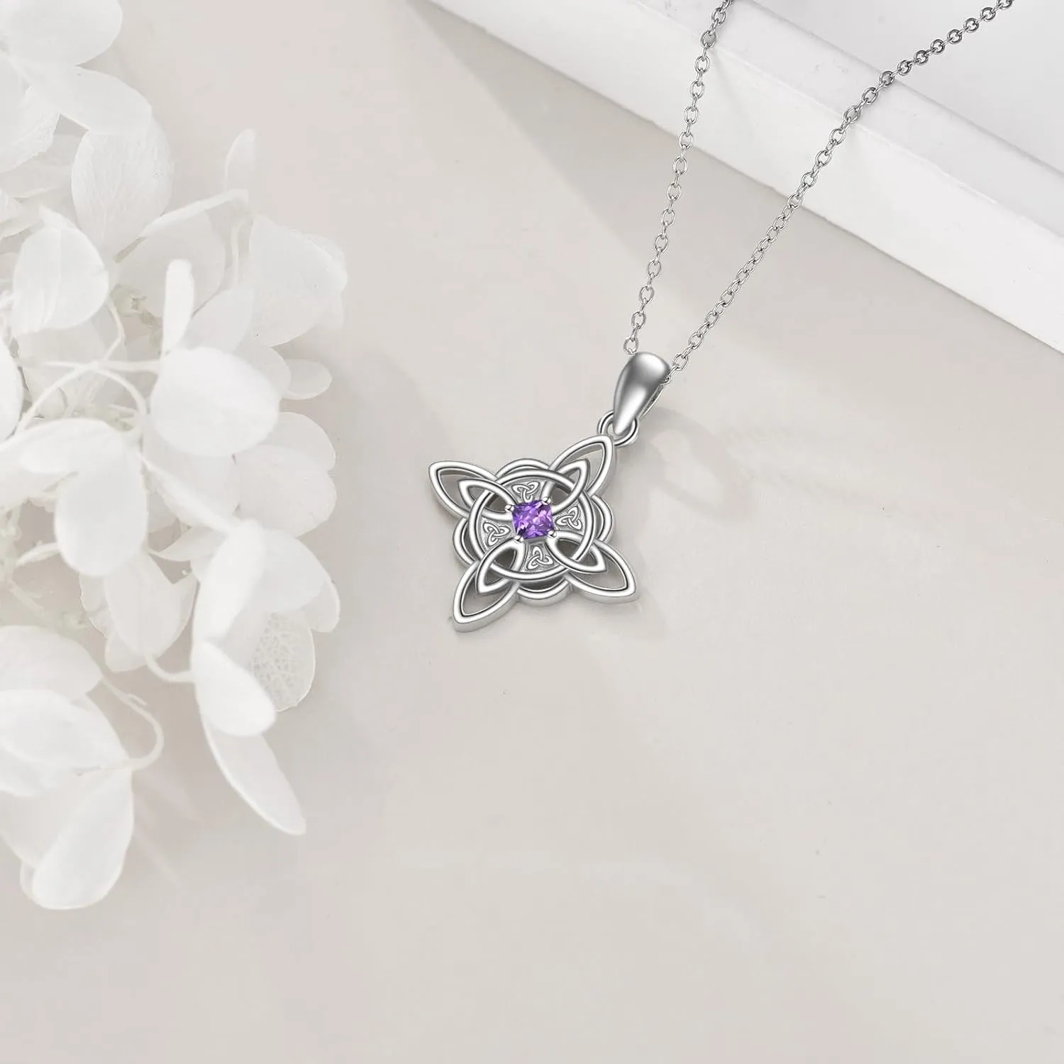 YFN Witch Knot Birthstone Necklaces Celtic Triquetra Knot 925 Sterling Silver Pendant Necklace for Women
