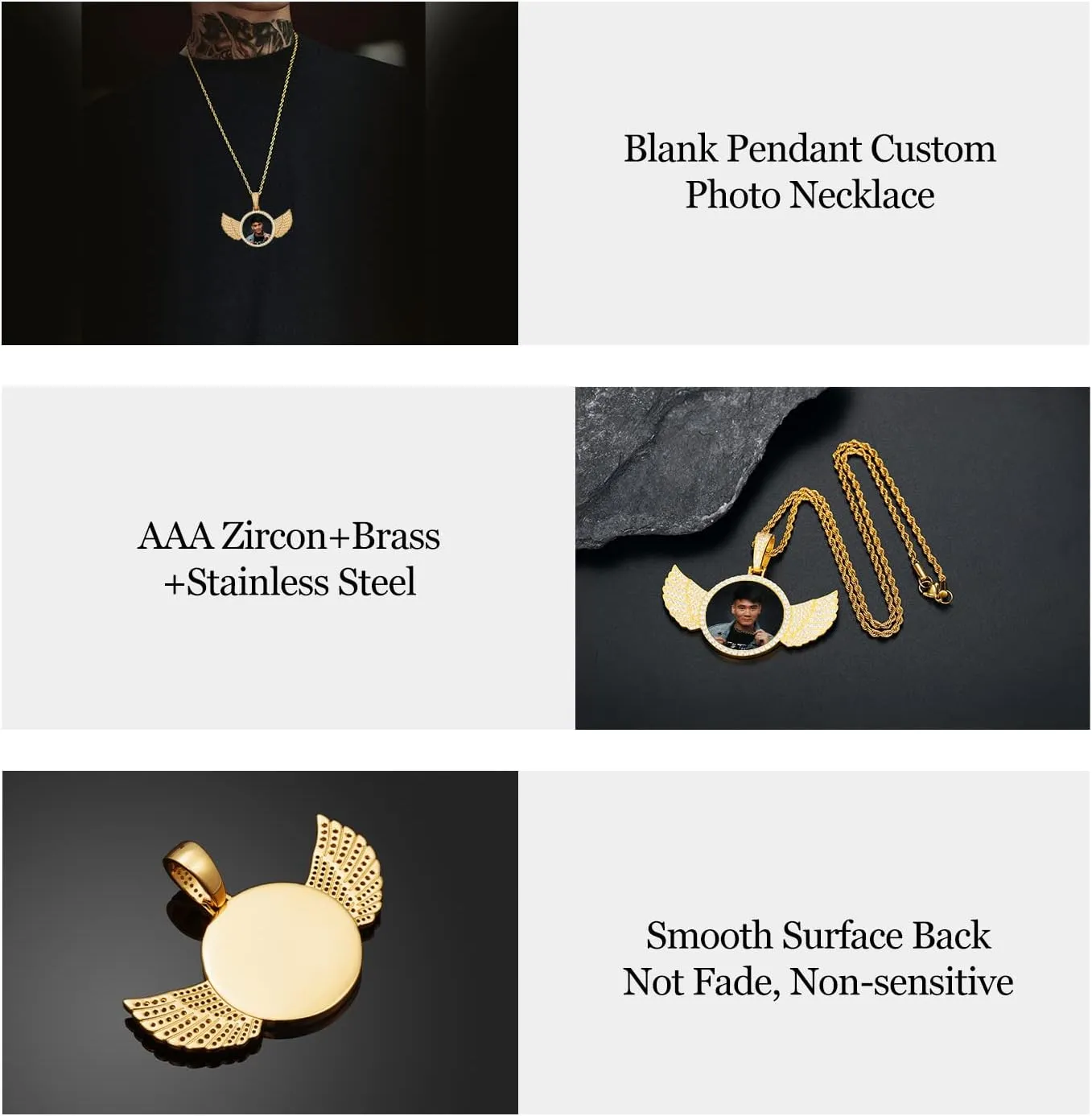 YIMERAIRE Personalized Picture Pendant Necklace Blank Picture Pendant Charm Iced Out Round Angel Wings Pendant with Rope Chain for Women and Men