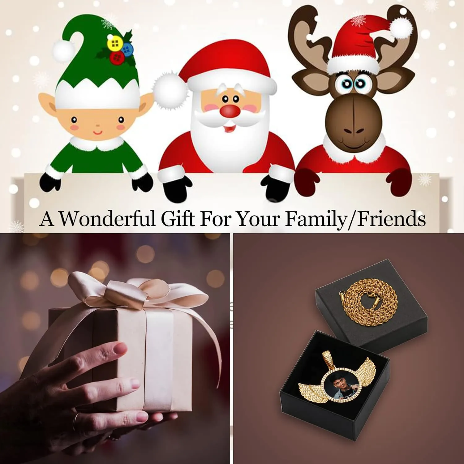 YIMERAIRE Personalized Picture Pendant Necklace Blank Picture Pendant Charm Iced Out Round Angel Wings Pendant with Rope Chain for Women and Men