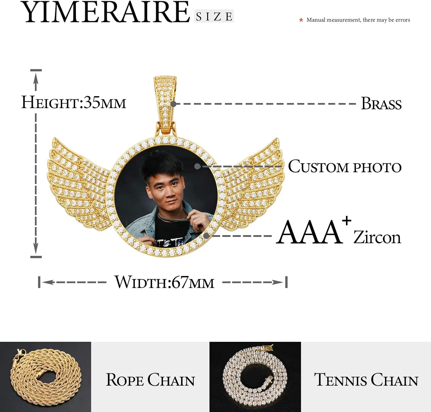 YIMERAIRE Personalized Picture Pendant Necklace Blank Picture Pendant Charm Iced Out Round Angel Wings Pendant with Rope Chain for Women and Men