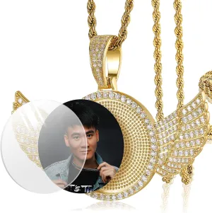 YIMERAIRE Personalized Picture Pendant Necklace Blank Picture Pendant Charm Iced Out Round Angel Wings Pendant with Rope Chain for Women and Men