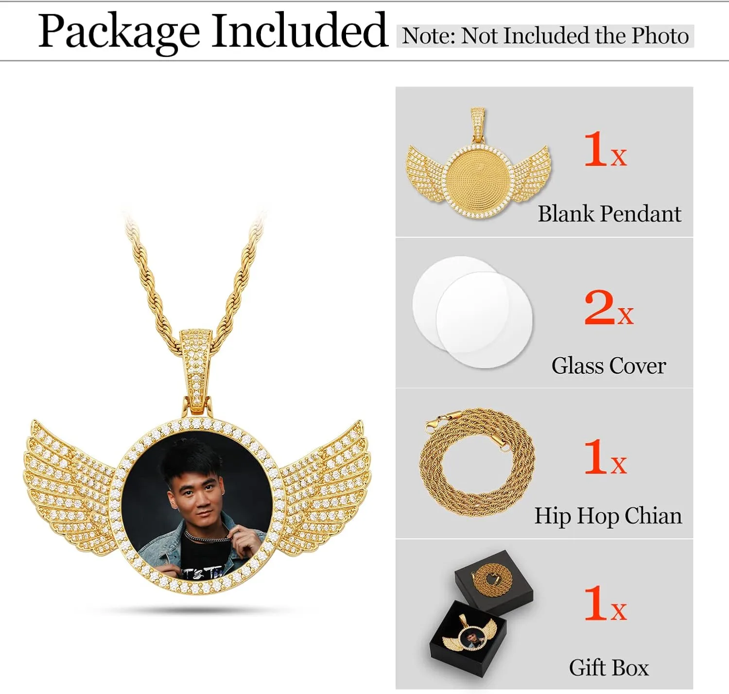 YIMERAIRE Personalized Picture Pendant Necklace Blank Picture Pendant Charm Iced Out Round Angel Wings Pendant with Rope Chain for Women and Men