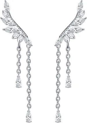 YOQUCOL Angel's Wings Cubic Zirconia Crystal Ear Climber Long Drop Dangle Earring for Women