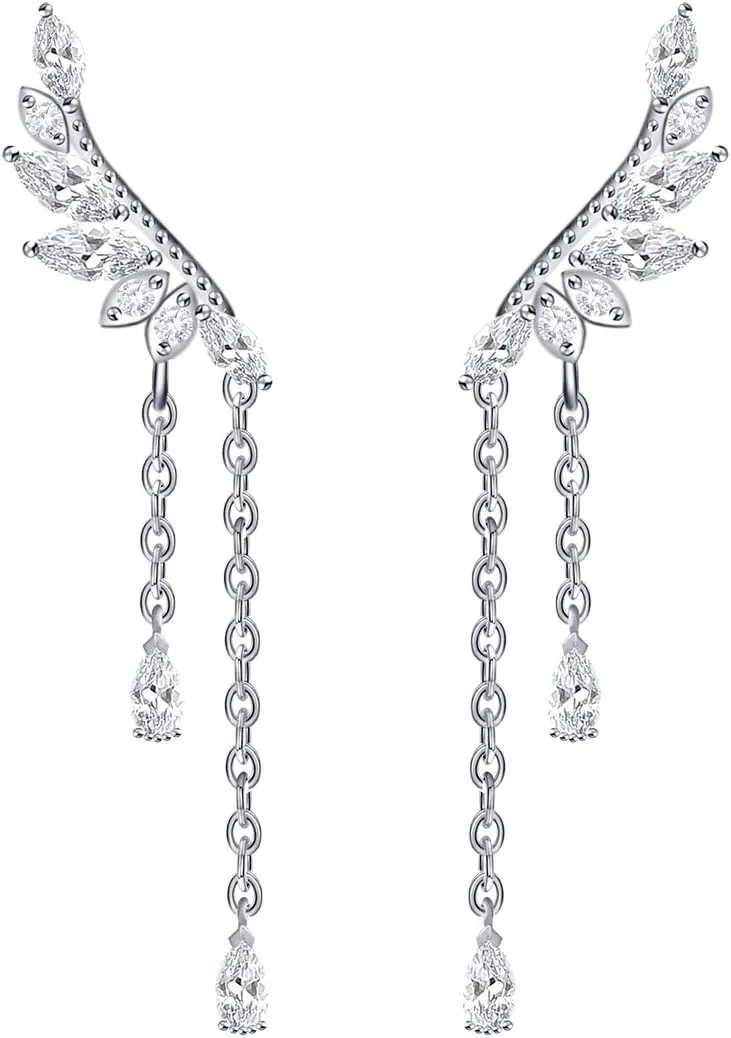 YOQUCOL Angel's Wings Cubic Zirconia Crystal Ear Climber Long Drop Dangle Earring for Women