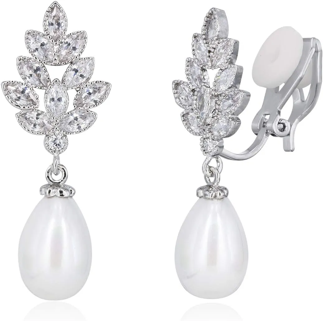 YOQUCOL Leaf-shape Dangle Drop Earring Simulated Pearl Cubic Zirconia Crystal Earring For Women