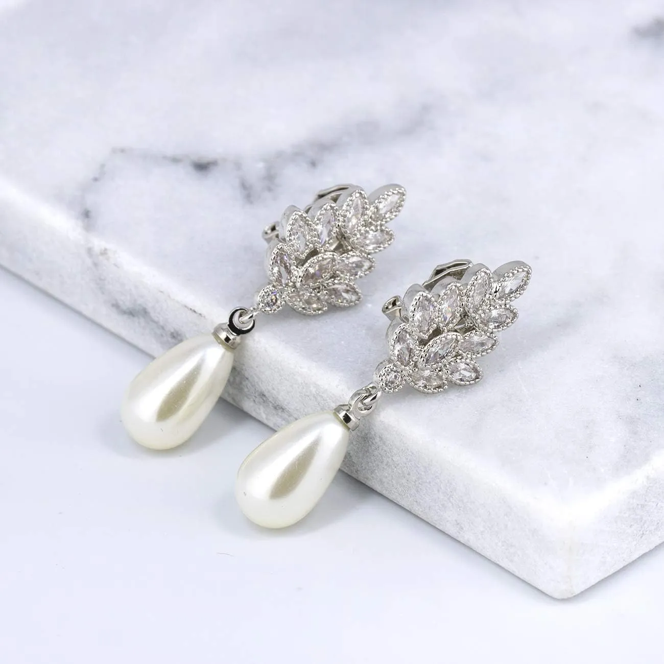 YOQUCOL Leaf-shape Dangle Drop Earring Simulated Pearl Cubic Zirconia Crystal Earring For Women
